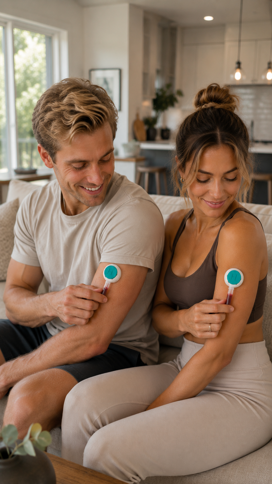 A couple applies at-home blood tests together